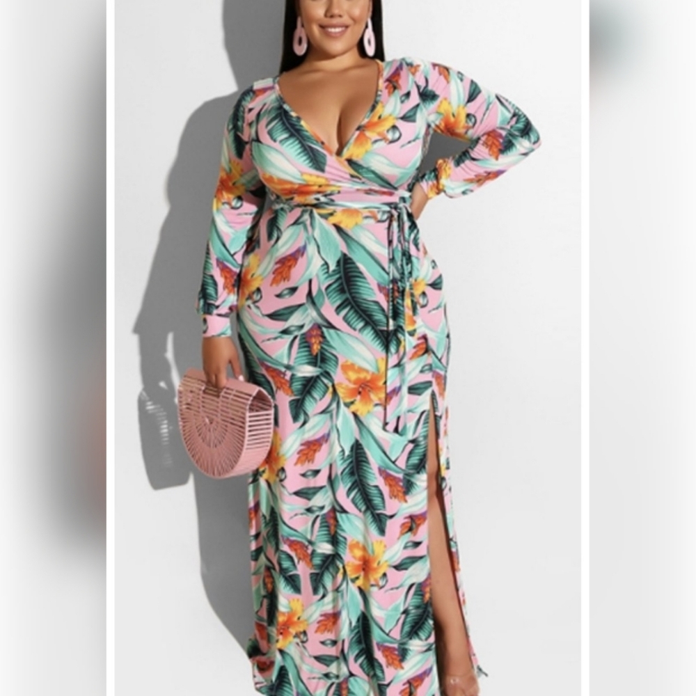 Leaf Print Dress w/slit